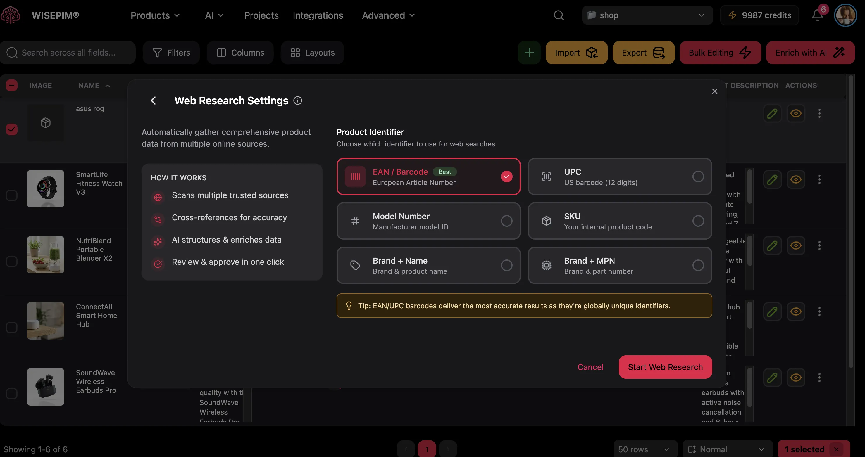 WISEPIM EAN barcode live product enrichment web research settings showing identifier types including EAN, UPC, model number, SKU, brand name, and brand MPN