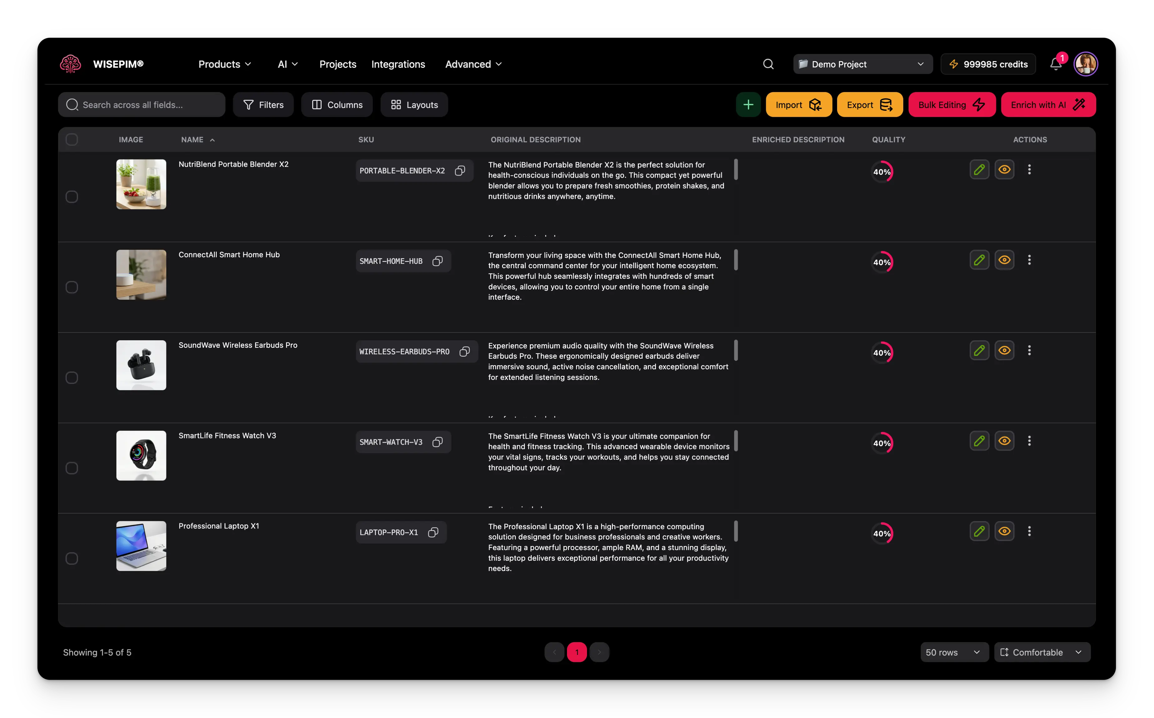 WISEPIM interface showing pim-for-electronics products