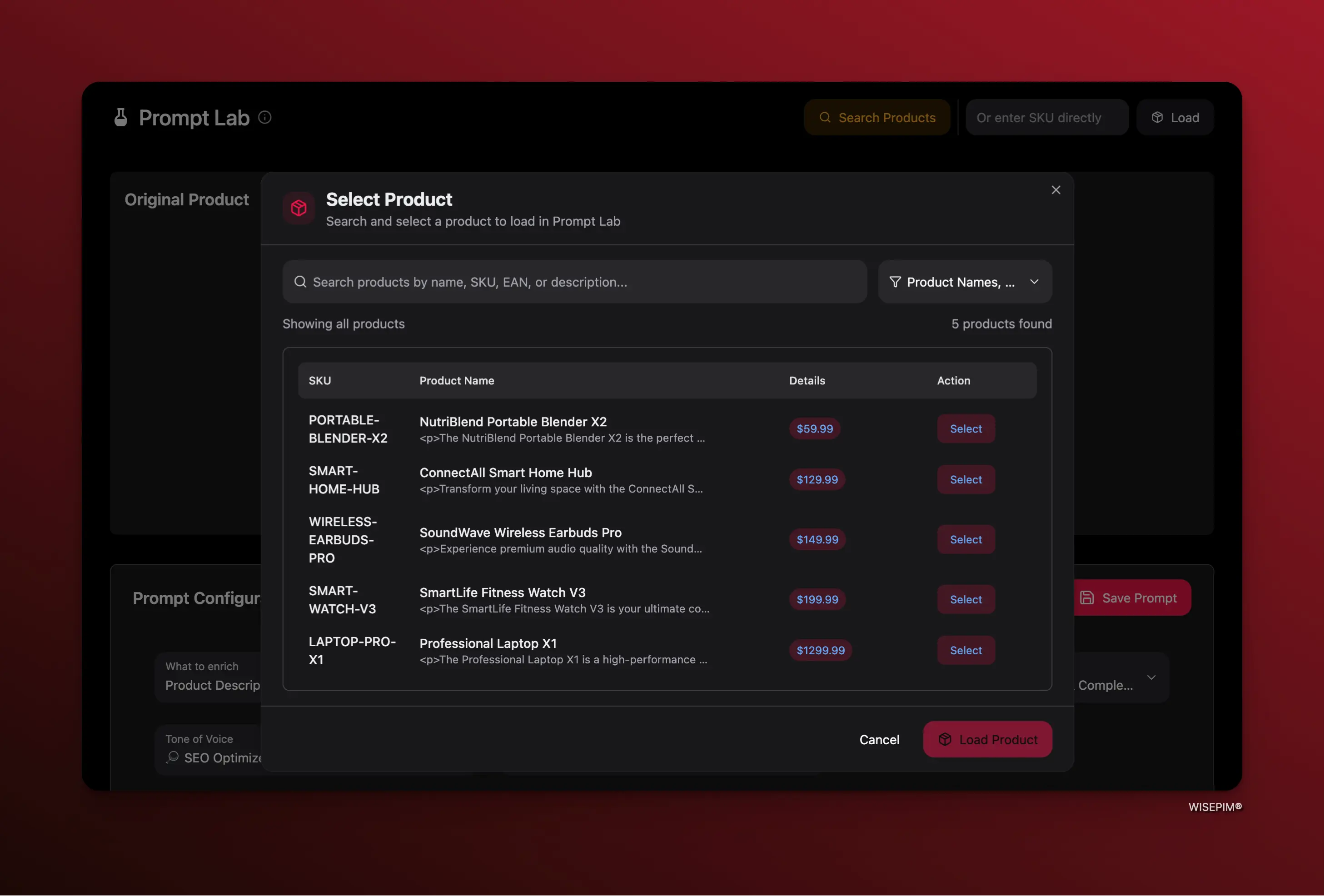 Loading a product into Prompt Lab