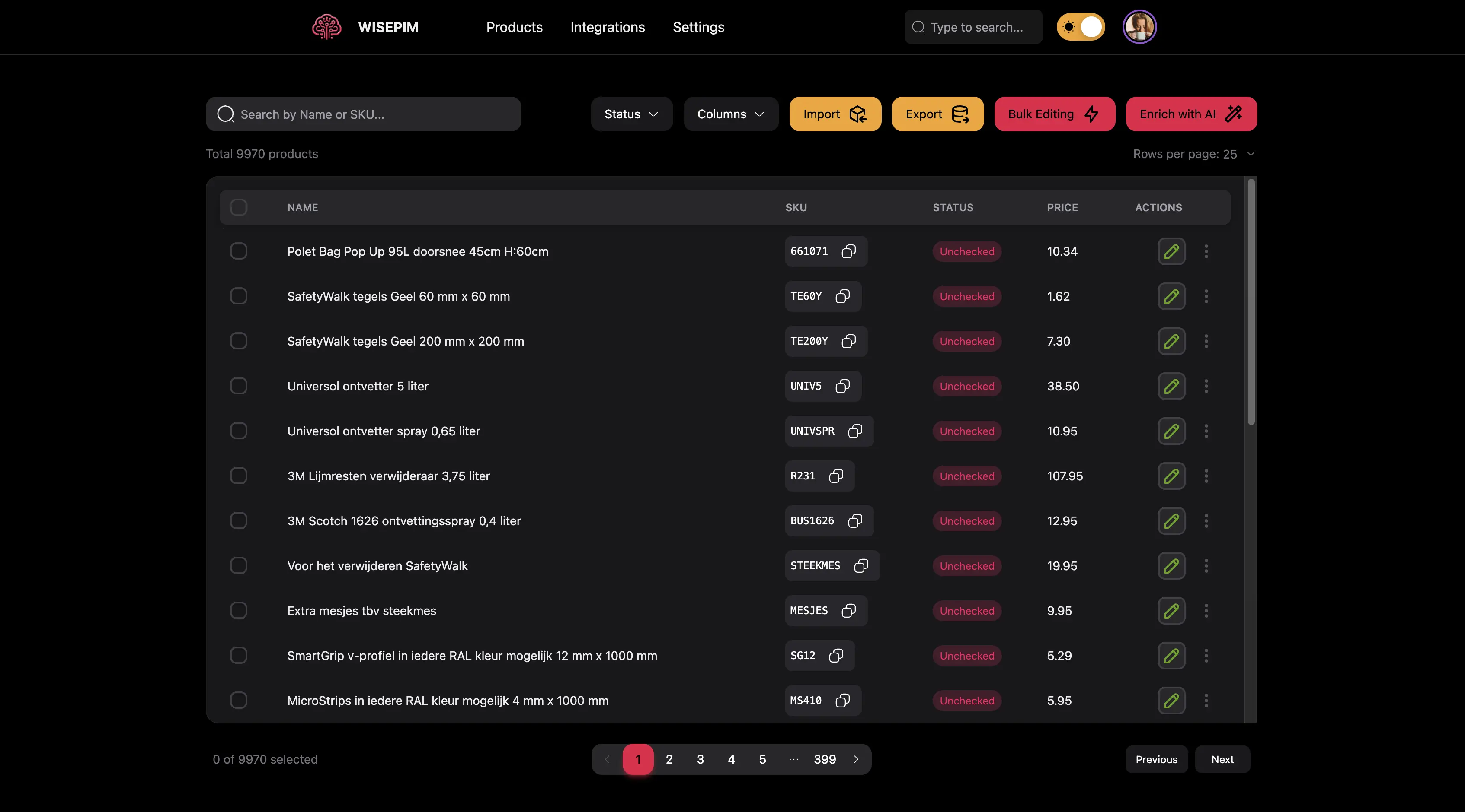 WISEPIM dashboard showing management of a large product catalog